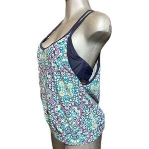 Athleta Monaco Tankini Swim Top Blousy Blue Pink Pool Beach Size 38B/C Layered